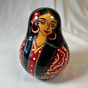 Vintage Russian Hand Painted Rolly Poly Wooden Doll Matryoshka Chimes 4.5 in
